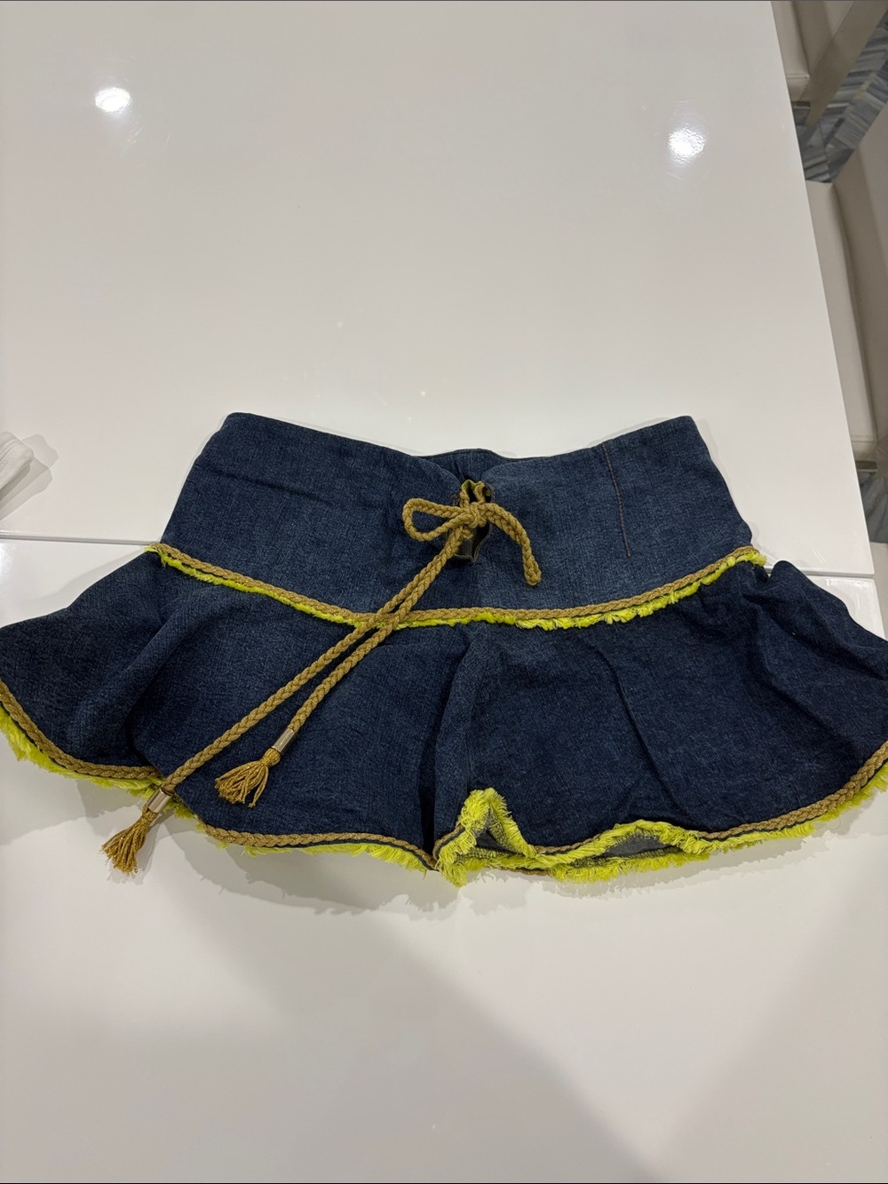 Dark Denim Mini Skirt with Yellow Trim